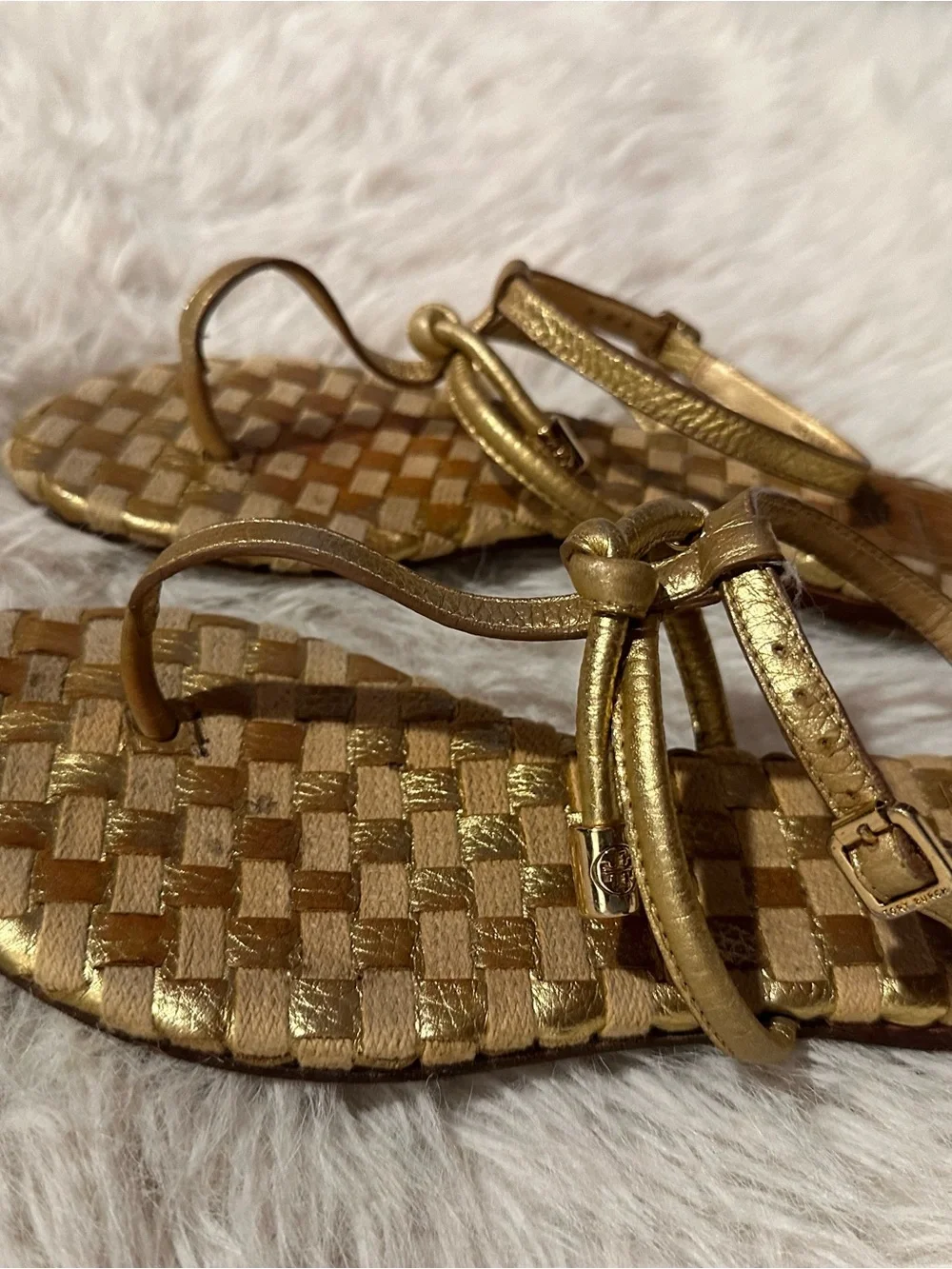 Tory Burch Metallic Gold Woven Leather Sandals